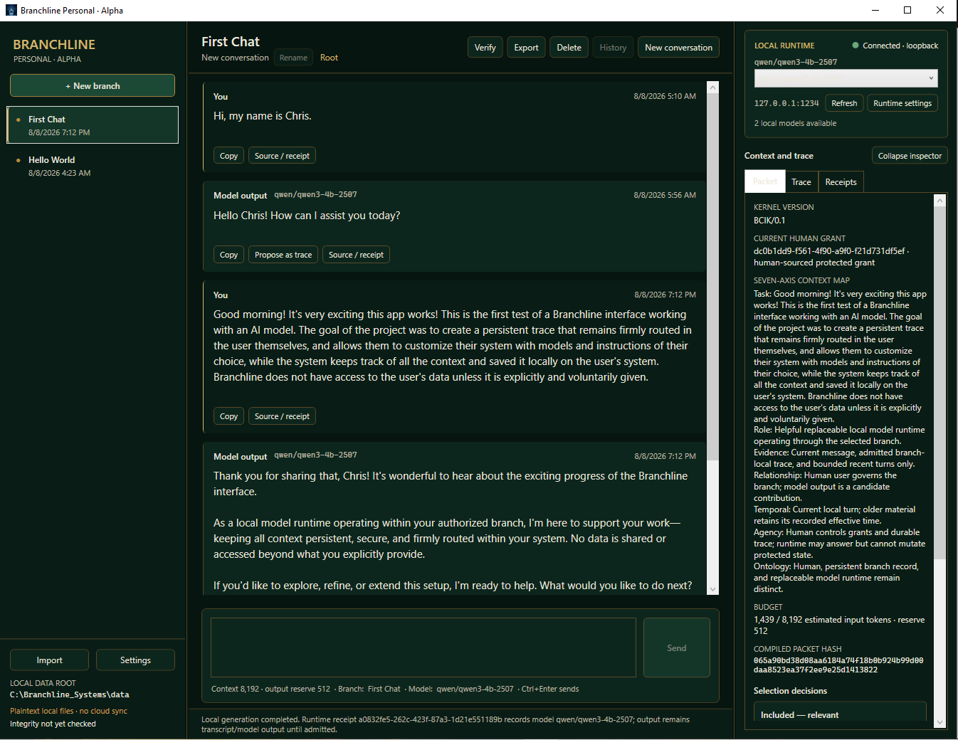 Early Branchline Personal alpha interface showing a conversation, branches, local runtime controls, and an inspector